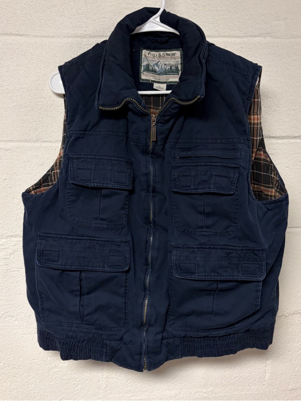 Field & Stream Men’s Navy Plaid Flannel Lined Quilted Utility Vest Size Large